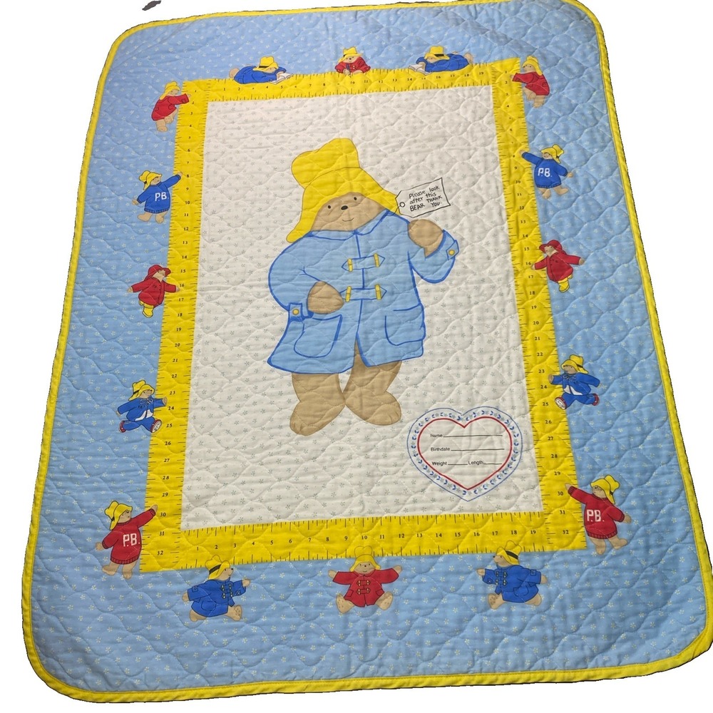 Vintage Paddington Bear Measure Tape Ruler Quilted Baby Blanket 33.5 x 43"